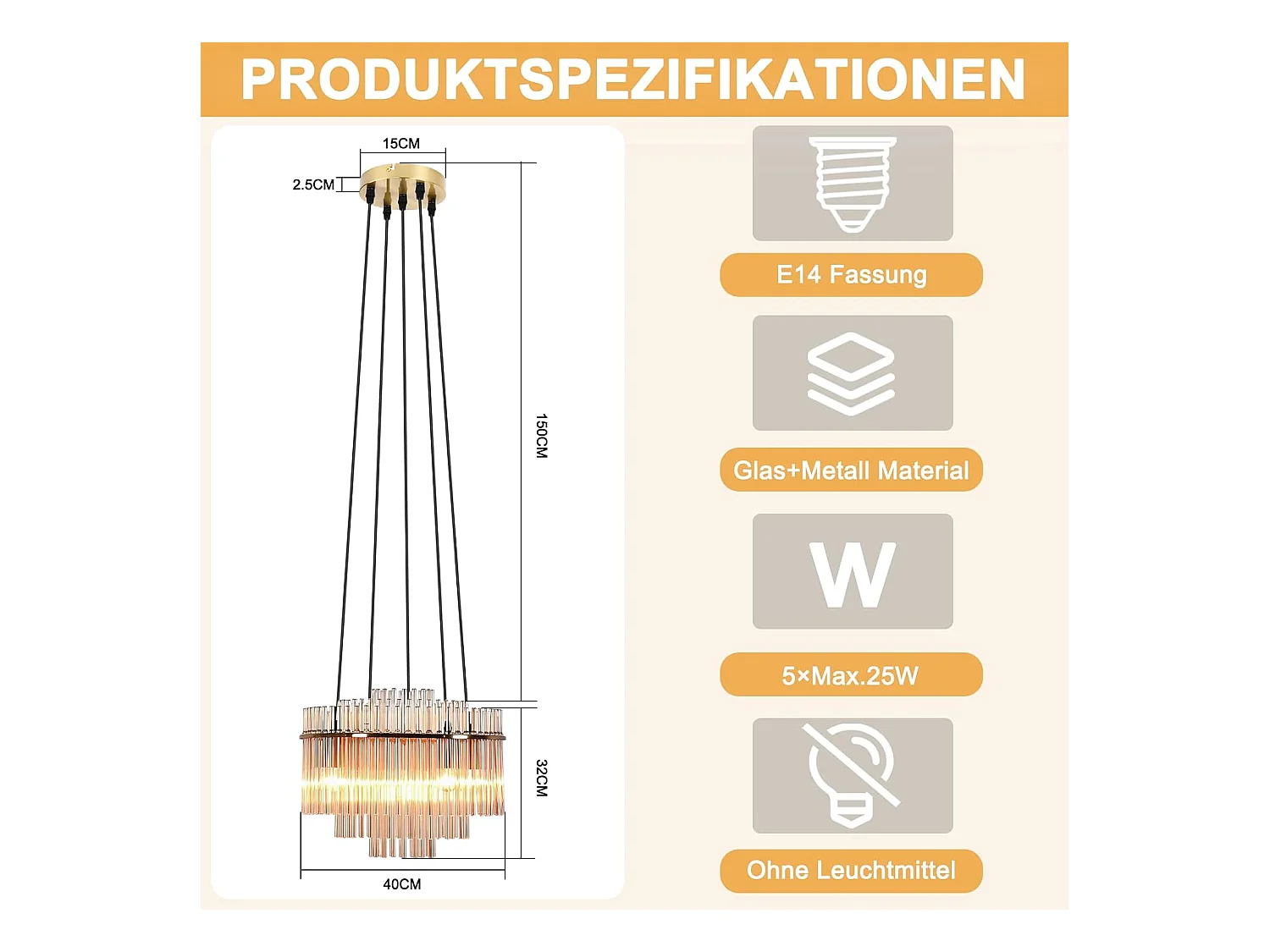 Nettlife Suspension Luminaire Dorée Moderne, Lampe Pendante à 5 Flammes en Verre avec Douille E14, Ronde, Ø 40 cm, pour Cuisine (sans ampoules).