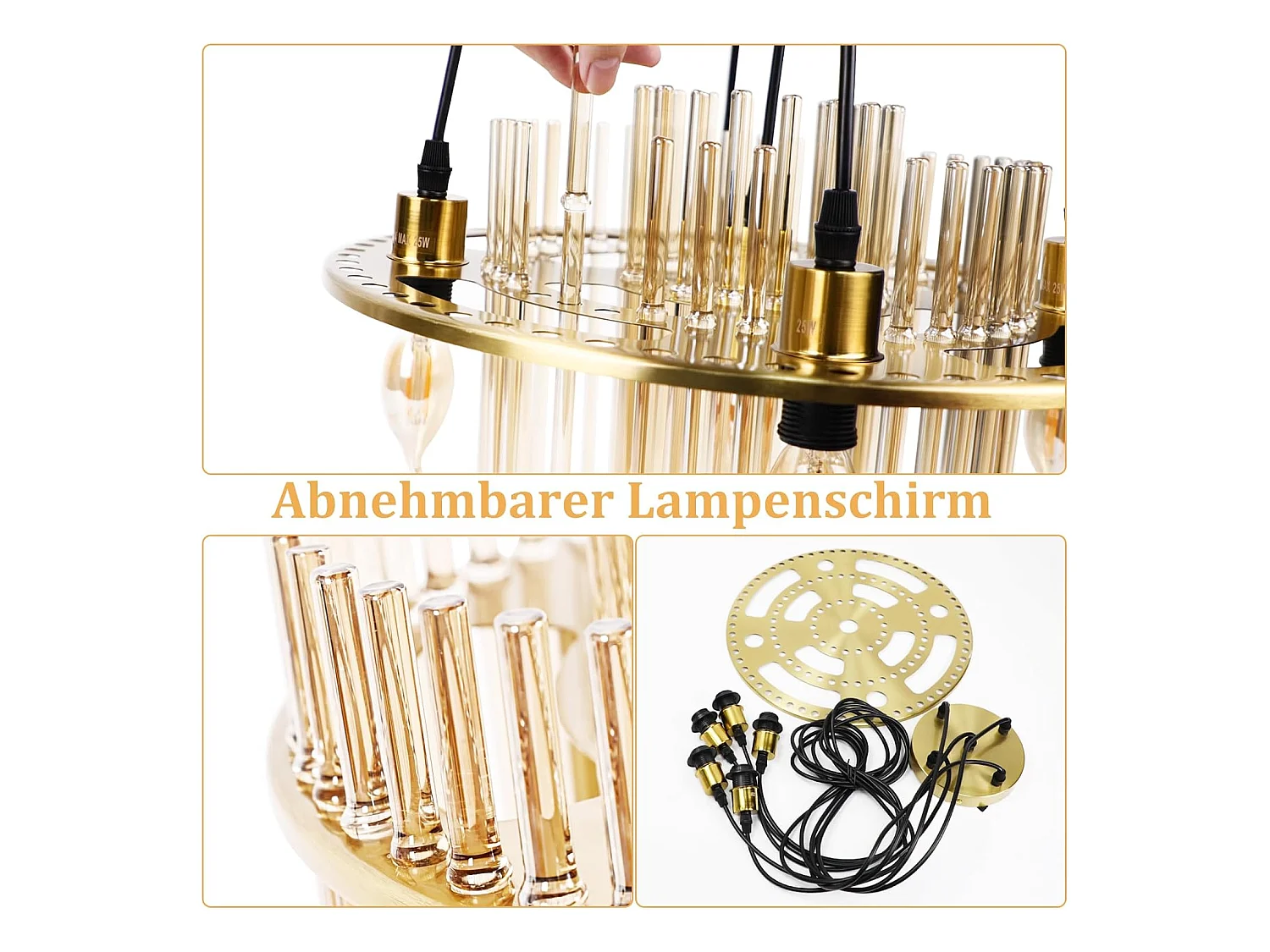 Nettlife Suspension Luminaire Dorée Moderne, Lampe Pendante à 5 Flammes en Verre avec Douille E14, Ronde, Ø 40 cm, pour Cuisine (sans ampoules).