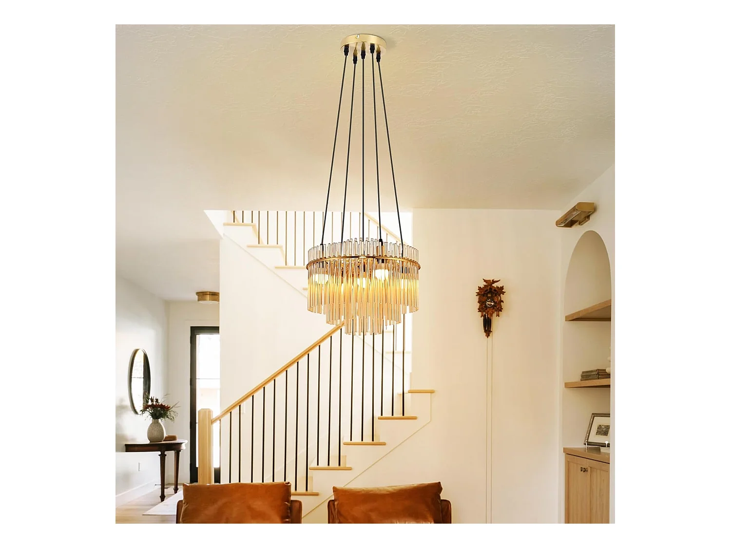 Nettlife Suspension Luminaire Dorée Moderne, Lampe Pendante à 5 Flammes en Verre avec Douille E14, Ronde, Ø 40 cm, pour Cuisine (sans ampoules).