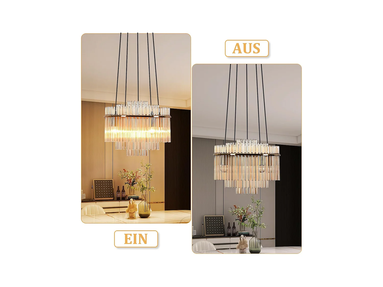 Nettlife Suspension Luminaire Dorée Moderne, Lampe Pendante à 5 Flammes en Verre avec Douille E14, Ronde, Ø 40 cm, pour Cuisine (sans ampoules).