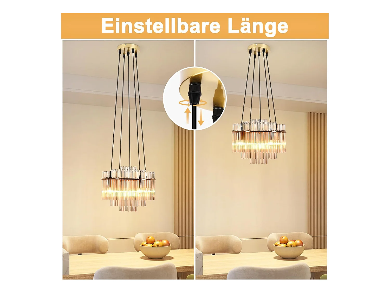 Nettlife Suspension Luminaire Dorée Moderne, Lampe Pendante à 5 Flammes en Verre avec Douille E14, Ronde, Ø 40 cm, pour Cuisine (sans ampoules).