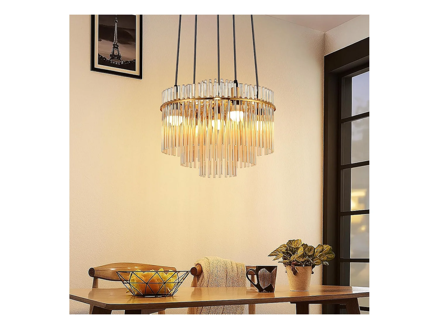 Nettlife Suspension Luminaire Dorée Moderne, Lampe Pendante à 5 Flammes en Verre avec Douille E14, Ronde, Ø 40 cm, pour Cuisine (sans ampoules).