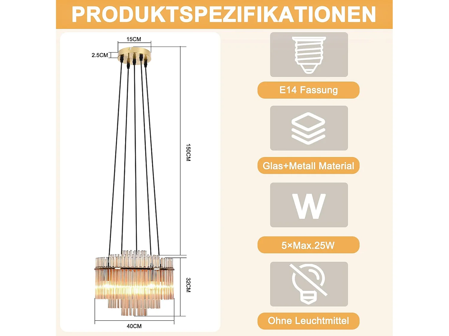 Nettlife Suspension Luminaire Dorée Moderne, Lampe Pendante à 5 Flammes en Verre avec Douille E14, Ronde, Ø 40 cm, pour Cuisine (sans ampoules).