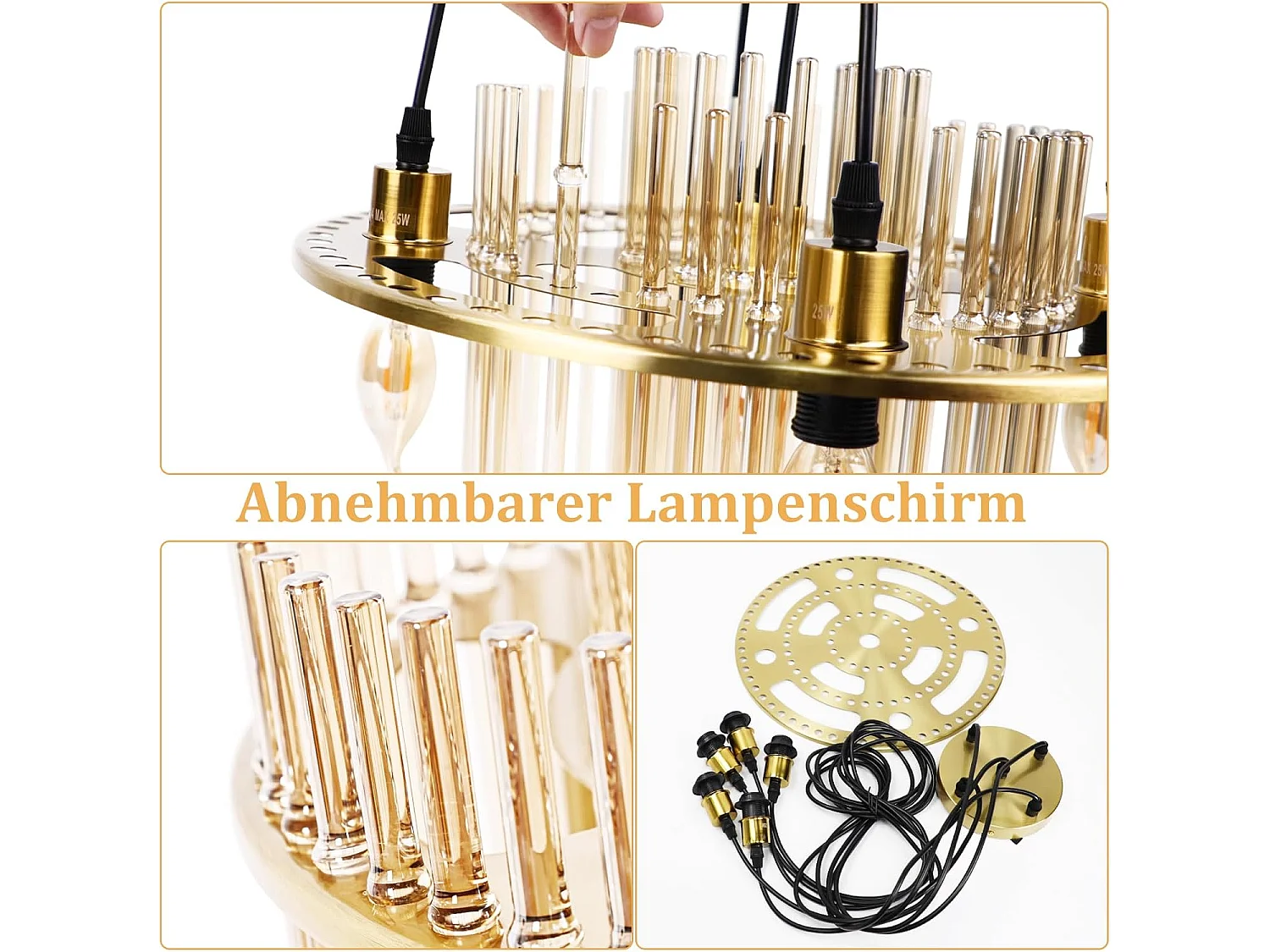 Nettlife Suspension Luminaire Dorée Moderne, Lampe Pendante à 5 Flammes en Verre avec Douille E14, Ronde, Ø 40 cm, pour Cuisine (sans ampoules).