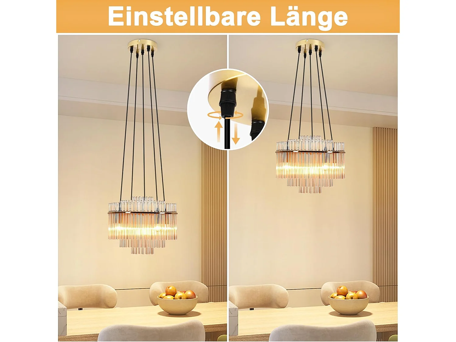 Nettlife Suspension Luminaire Dorée Moderne, Lampe Pendante à 5 Flammes en Verre avec Douille E14, Ronde, Ø 40 cm, pour Cuisine (sans ampoules).