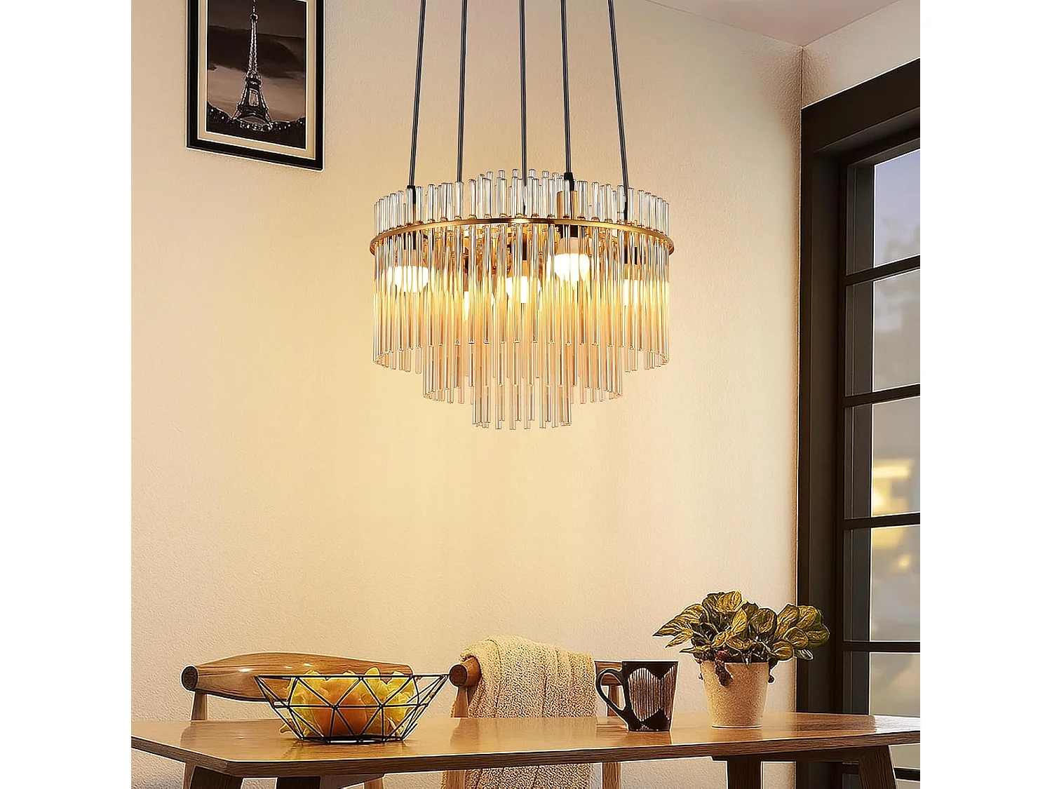 Nettlife Suspension Luminaire Dorée Moderne, Lampe Pendante à 5 Flammes en Verre avec Douille E14, Ronde, Ø 40 cm, pour Cuisine (sans ampoules).