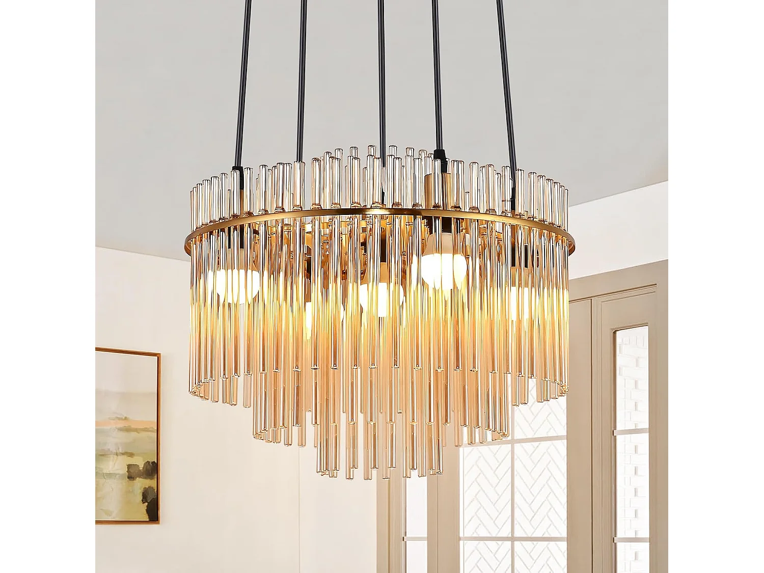 Nowoczesna złota lampa wisząca Nettlife, 5-żarówkowa szklana lampa wisząca z gniazdem E14, okrągła, Ø 40 cm, do kuchni (żarówki nie są dołączone).