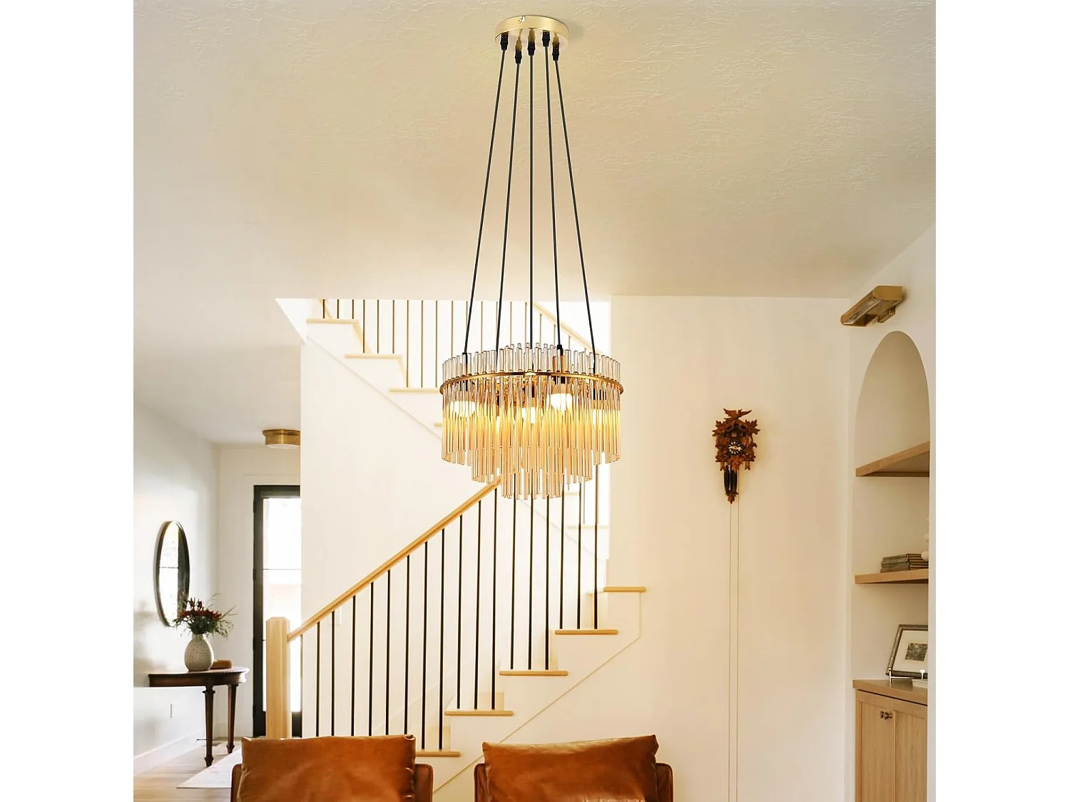 Nowoczesna złota lampa wisząca Nettlife, 5-żarówkowa szklana lampa wisząca z gniazdem E14, okrągła, Ø 40 cm, do kuchni (żarówki nie są dołączone).