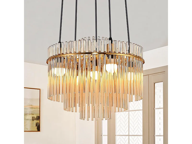 Nettlife Suspension Luminaire Dorée Moderne, Lampe Pendante à 5 Flammes en Verre avec Douille E14, Ronde, Ø 40 cm, pour Cuisine (sans ampoules).