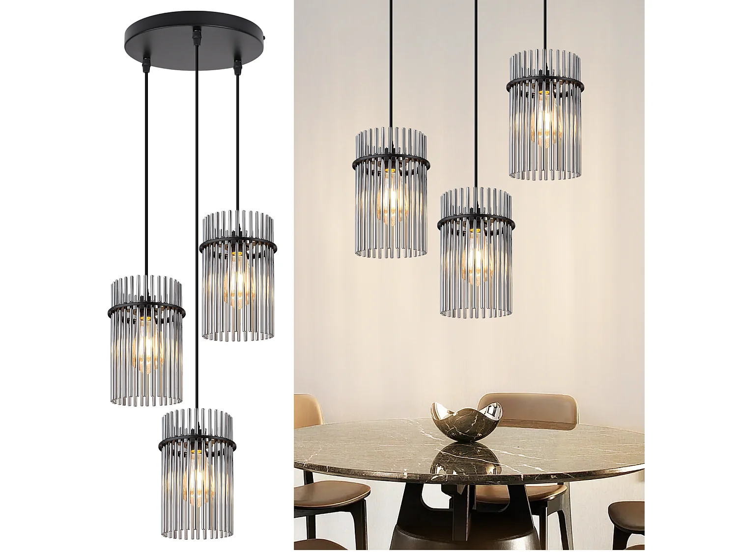 Nettlife Suspension à 3 lumières, noire - Suspension ronde en verre pour table à manger, douille E27, style vintage(ampoules non incluses)