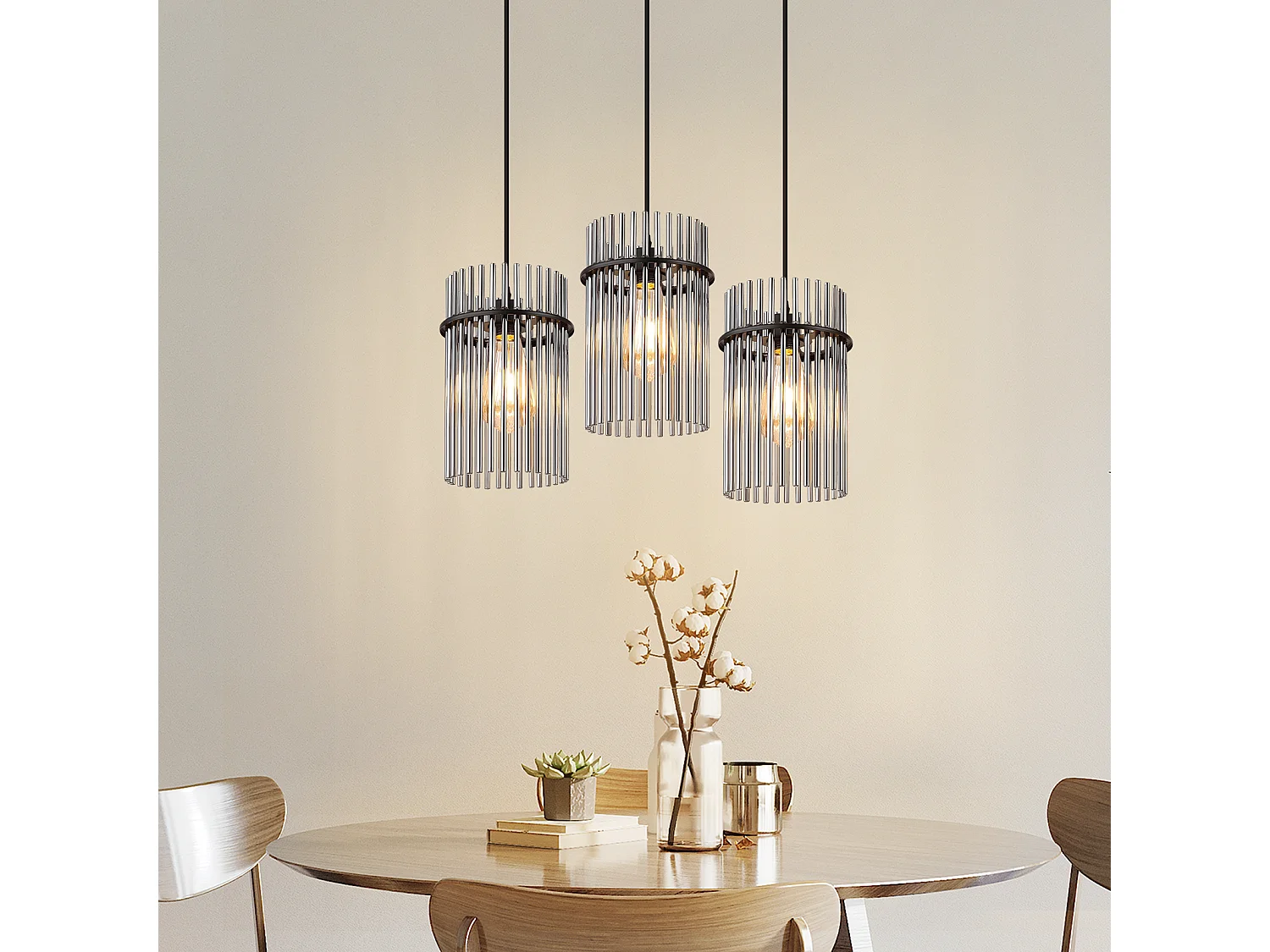 Nettlife Suspension à 3 lumières, noire - Suspension ronde en verre pour table à manger, douille E27, style vintage(ampoules non incluses)