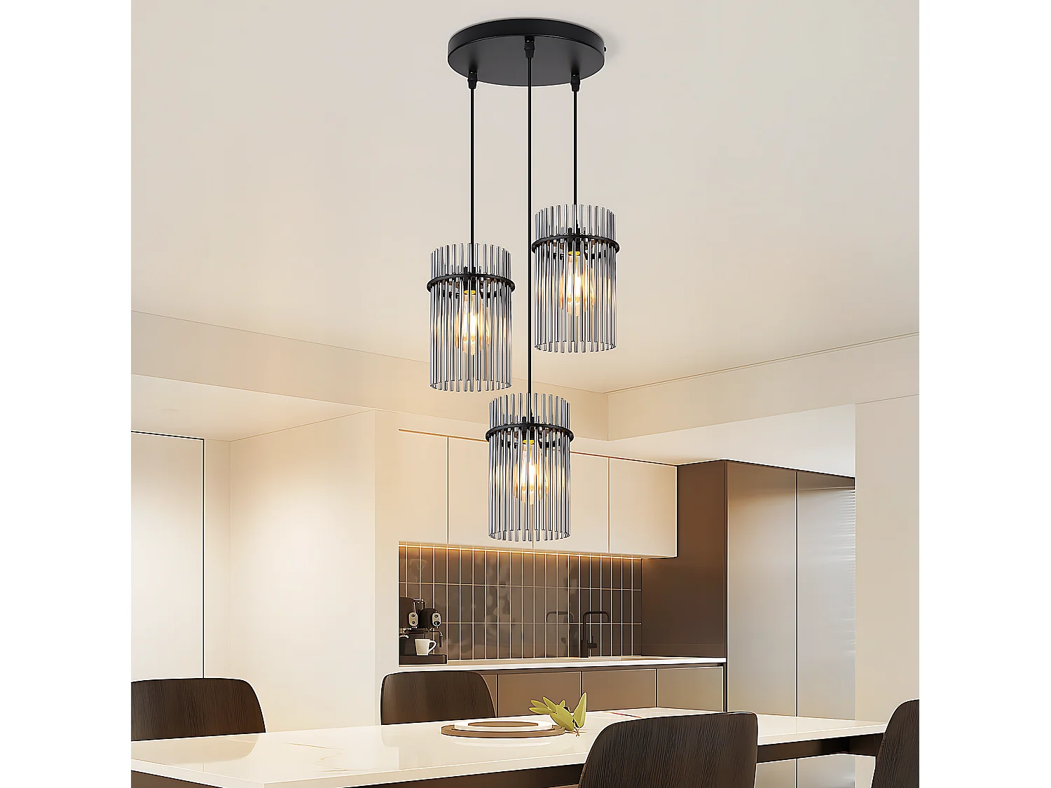 Nettlife Suspension à 3 lumières, noire - Suspension ronde en verre pour table à manger, douille E27, style vintage(ampoules non incluses)