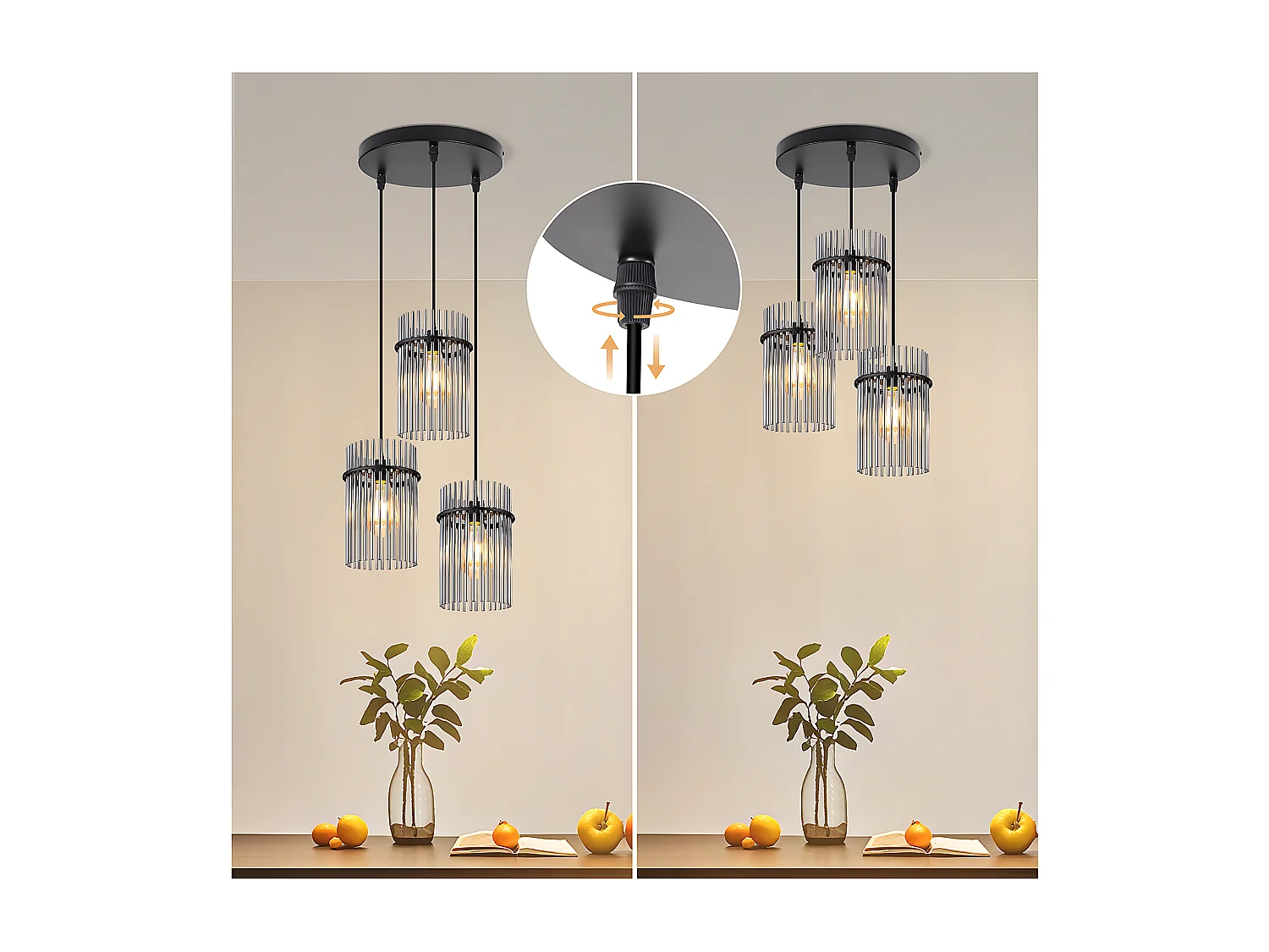 Nettlife Suspension à 3 lumières, noire - Suspension ronde en verre pour table à manger, douille E27, style vintage(ampoules non incluses)