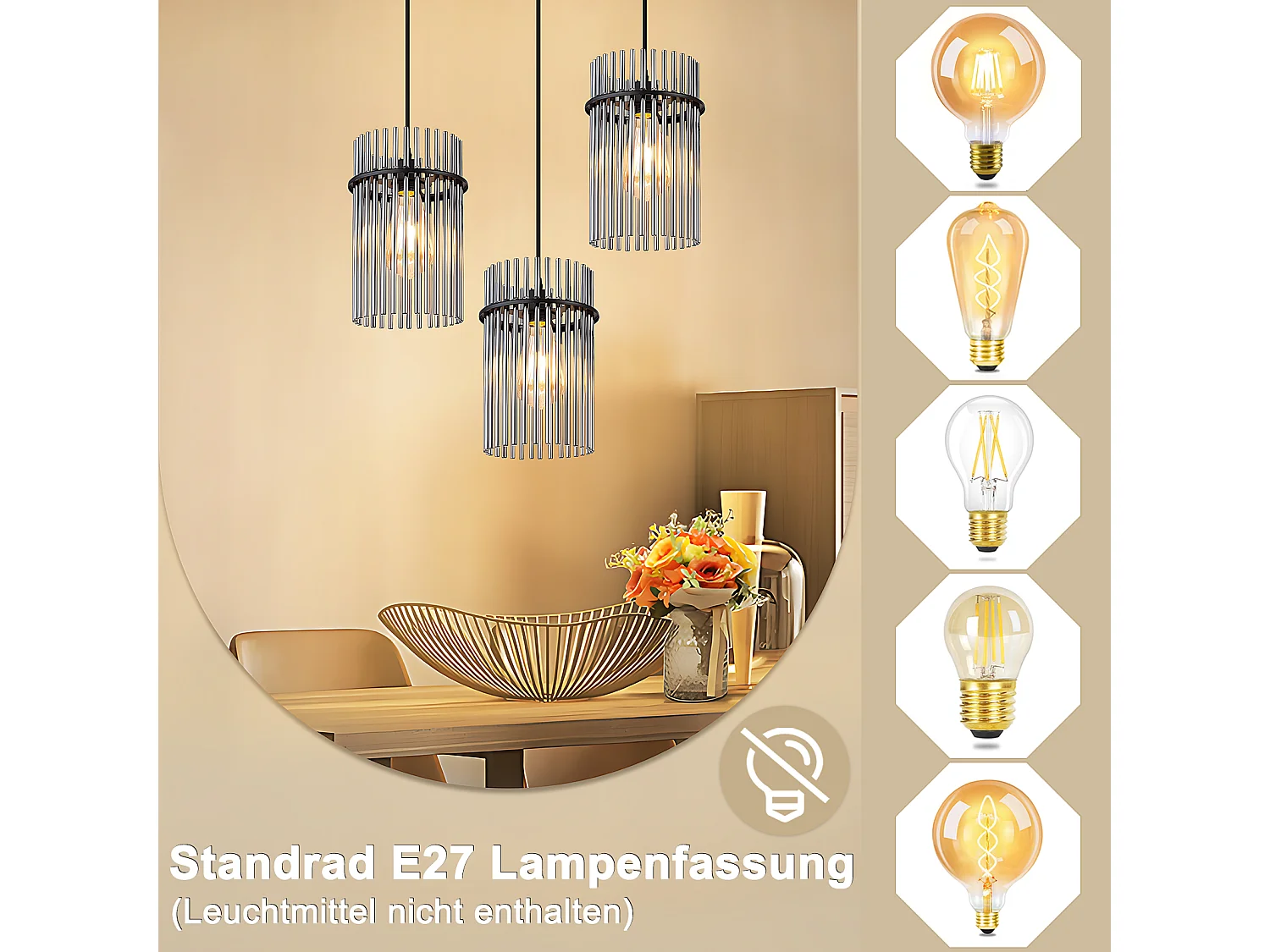 Nettlife Suspension à 3 lumières, noire - Suspension ronde en verre pour table à manger, douille E27, style vintage(ampoules non incluses)