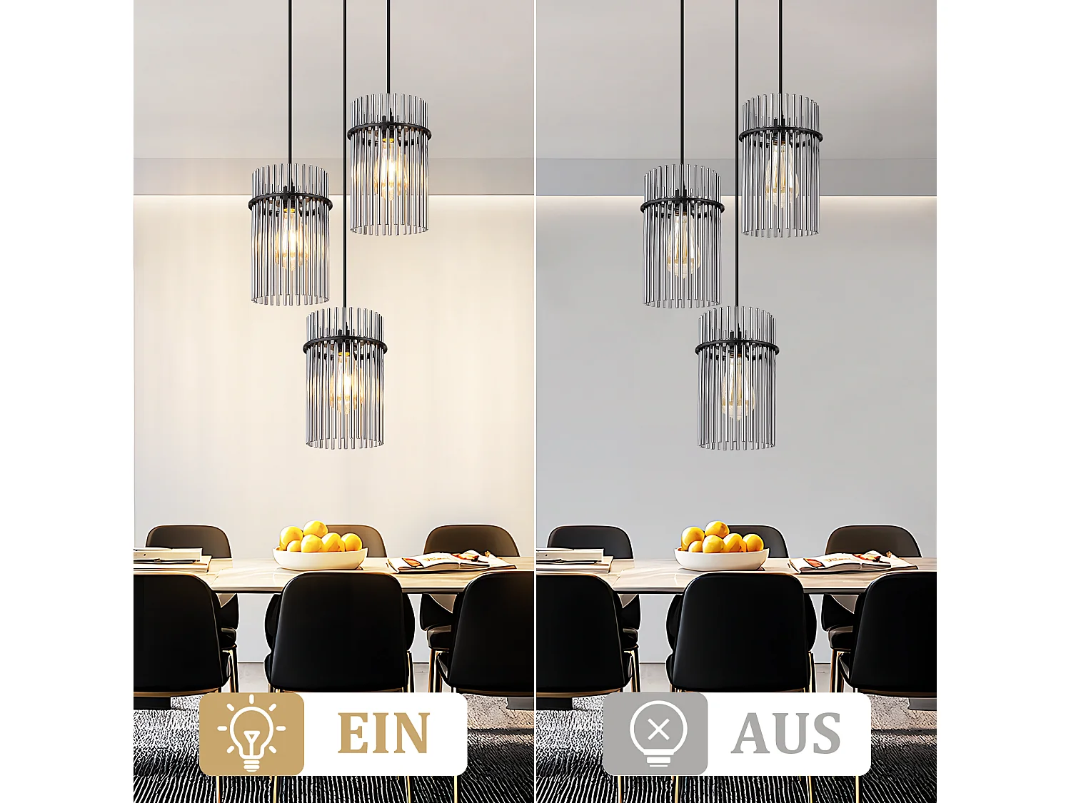 Nettlife Suspension à 3 lumières, noire - Suspension ronde en verre pour table à manger, douille E27, style vintage(ampoules non incluses)