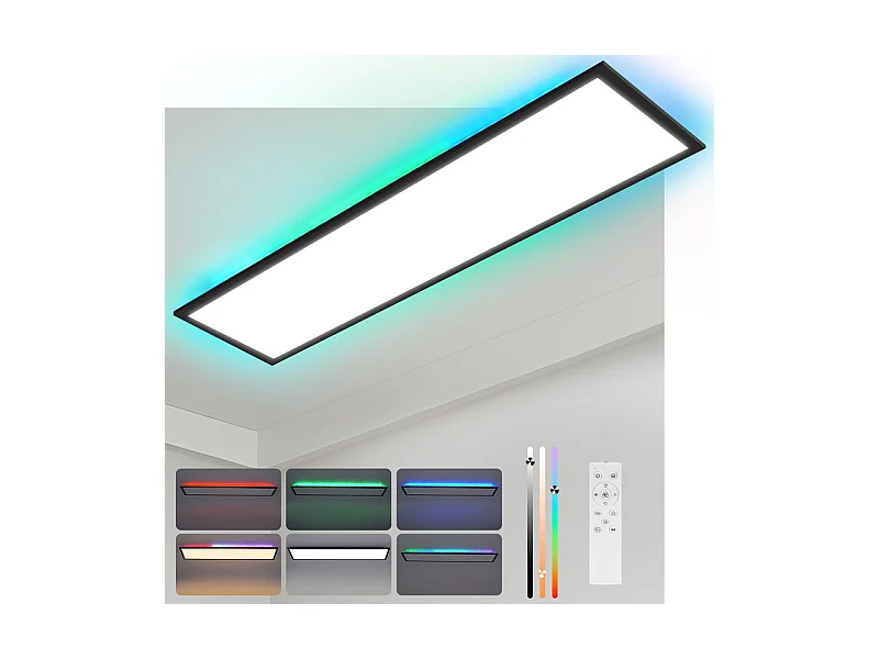 Panneau LED NETTLIFE 120 x 30 cm, intensité variable, plafonnier plat et long, couleur RVB, avec télécommande, 36 W, noir, rectangulaire