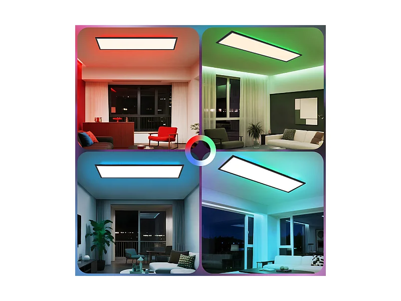 Panneau LED NETTLIFE 120 x 30 cm, intensité variable, plafonnier plat et long, couleur RVB, avec télécommande, 36 W, noir, rectangulaire