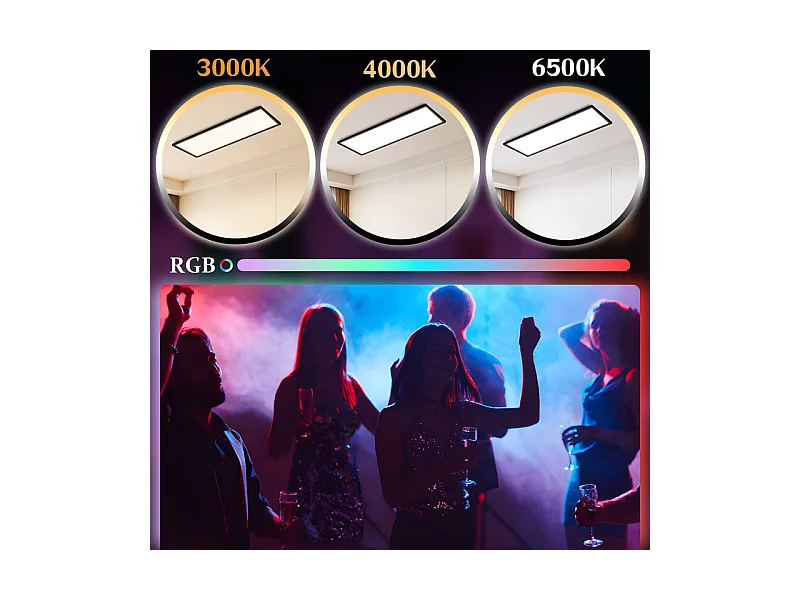 Panneau LED NETTLIFE 120 x 30 cm, intensité variable, plafonnier plat et long, couleur RVB, avec télécommande, 36 W, noir, rectangulaire
