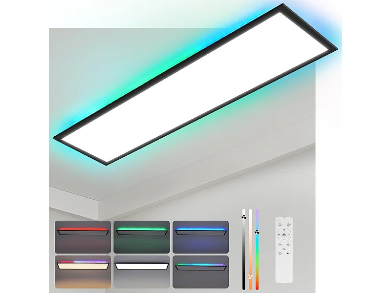 Panneau LED NETTLIFE 120 x 30 cm, intensité variable, plafonnier plat et long, couleur RVB, avec télécommande, 36 W, noir, rectangulaire