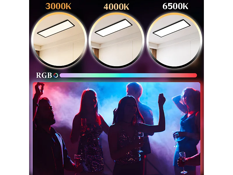 Panneau LED NETTLIFE 120 x 30 cm, intensité variable, plafonnier plat et long, couleur RVB, avec télécommande, 36 W, noir, rectangulaire