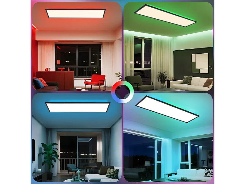 Panneau LED NETTLIFE 120 x 30 cm, intensité variable, plafonnier plat et long, couleur RVB, avec télécommande, 36 W, noir, rectangulaire