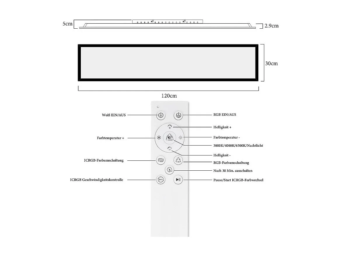 Panneau LED NETTLIFE 120 x 30 cm, intensité variable, plafonnier plat et long, couleur RVB, avec télécommande, 36 W, noir, rectangulaire