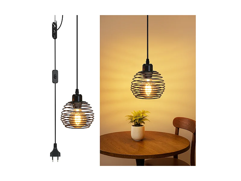 Suspension Nettlife Vintage 1 Ampoule : Suspension Industrielle Noire avec Câble de 4,5 m avec Prise et Interrupteur, Douille E27