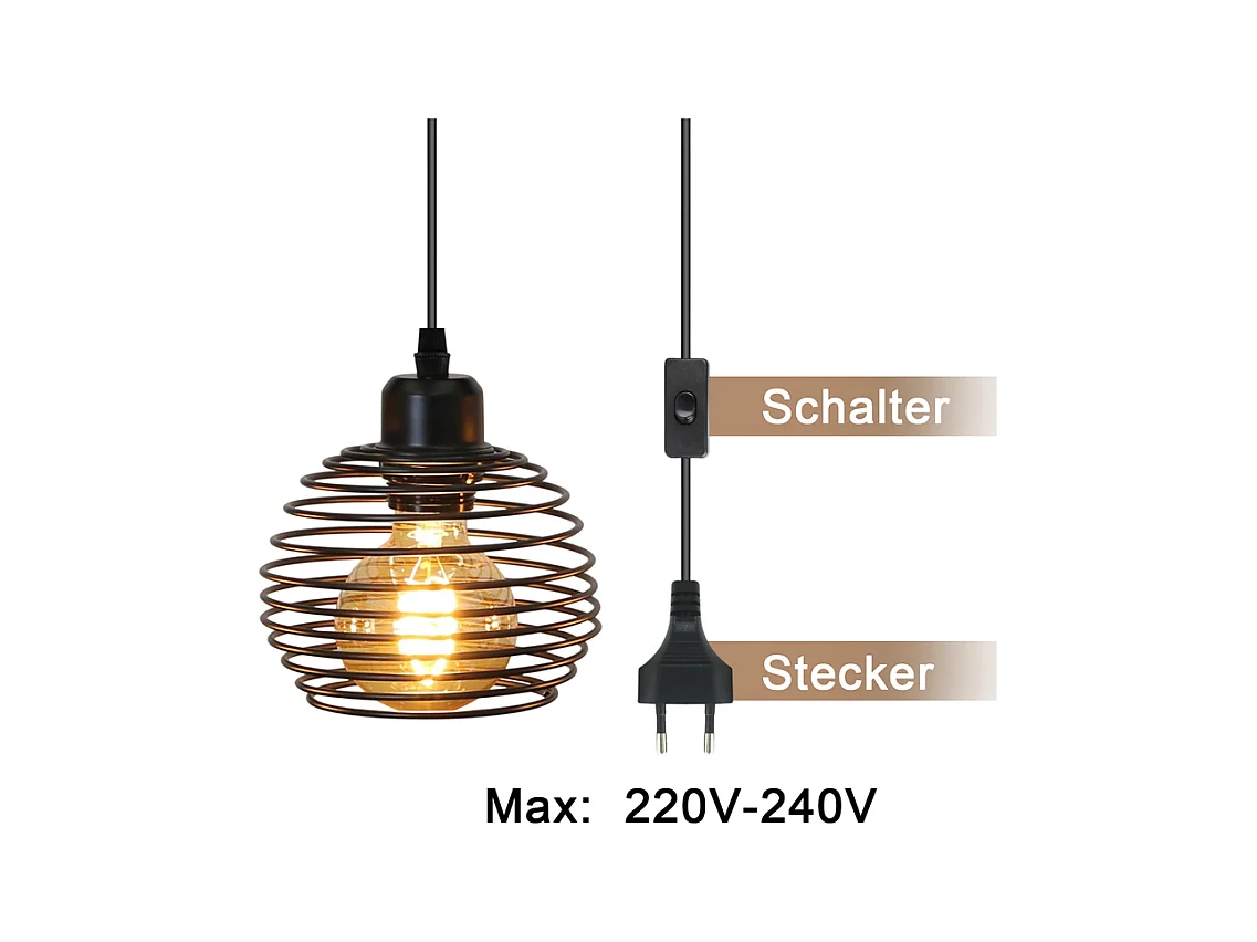 Suspension Nettlife Vintage 1 Ampoule : Suspension Industrielle Noire avec Câble de 4,5 m avec Prise et Interrupteur, Douille E27