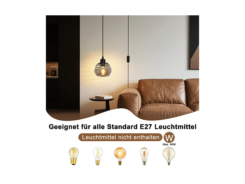 Suspension Nettlife Vintage 1 Ampoule : Suspension Industrielle Noire avec Câble de 4,5 m avec Prise et Interrupteur, Douille E27