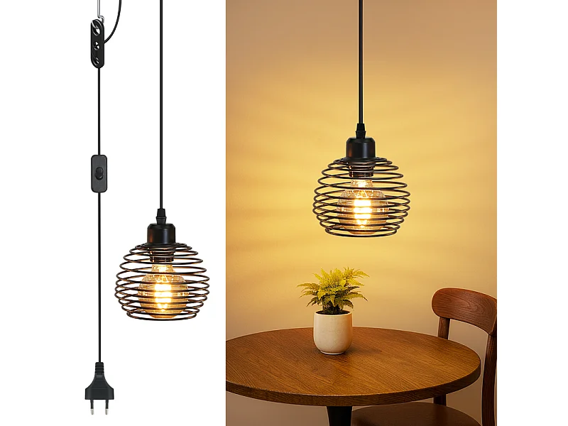 Suspension Nettlife Vintage 1 Ampoule : Suspension Industrielle Noire avec Câble de 4,5 m avec Prise et Interrupteur, Douille E27