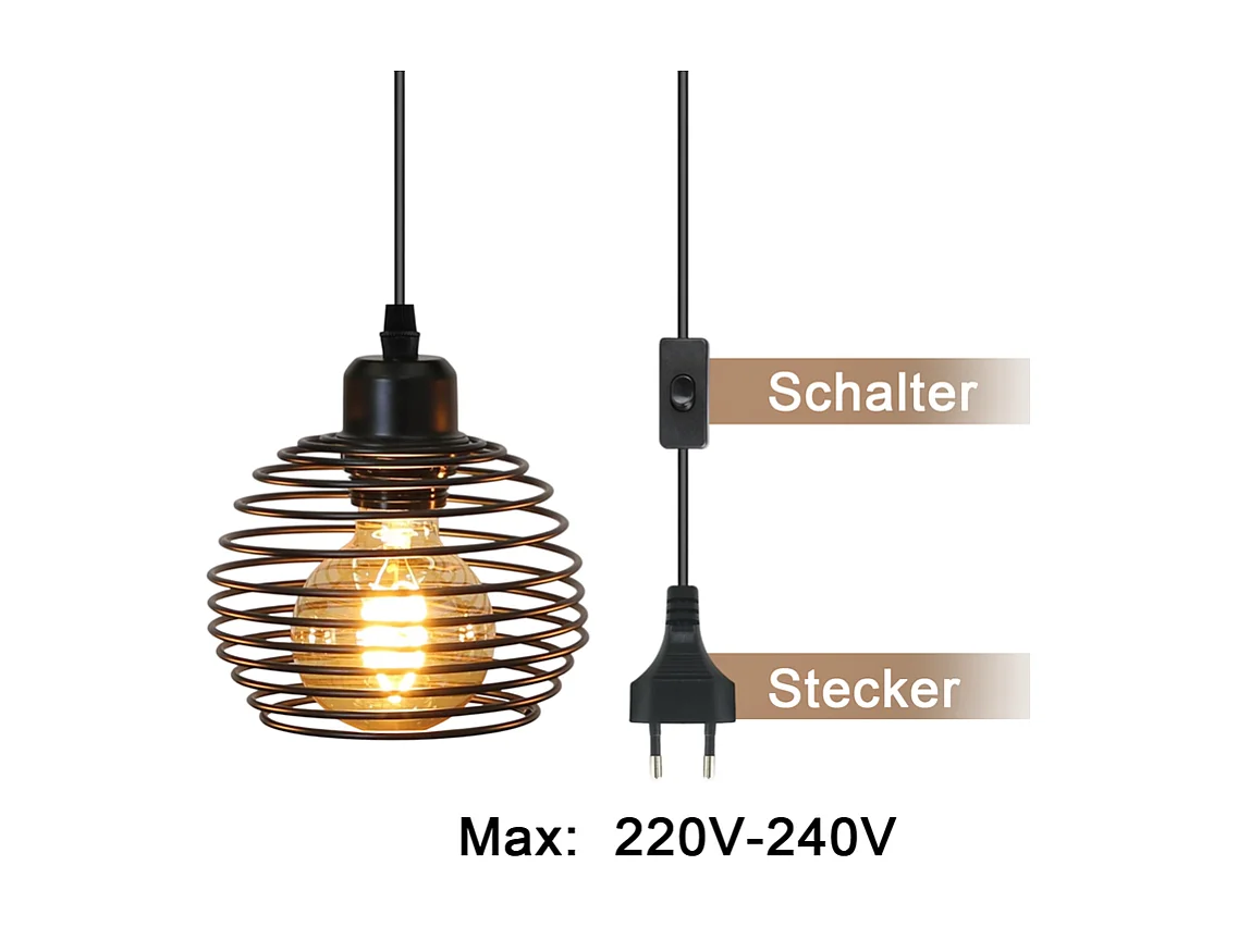 Suspension Nettlife Vintage 1 Ampoule : Suspension Industrielle Noire avec Câble de 4,5 m avec Prise et Interrupteur, Douille E27