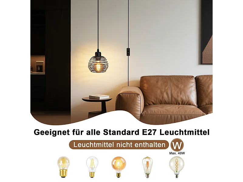 Suspension Nettlife Vintage 1 Ampoule : Suspension Industrielle Noire avec Câble de 4,5 m avec Prise et Interrupteur, Douille E27