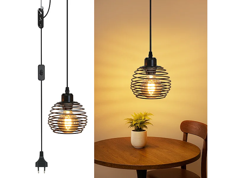 Suspension Nettlife Vintage 1 Ampoule : Suspension Industrielle Noire avec Câble de 4,5 m avec Prise et Interrupteur, Douille E27