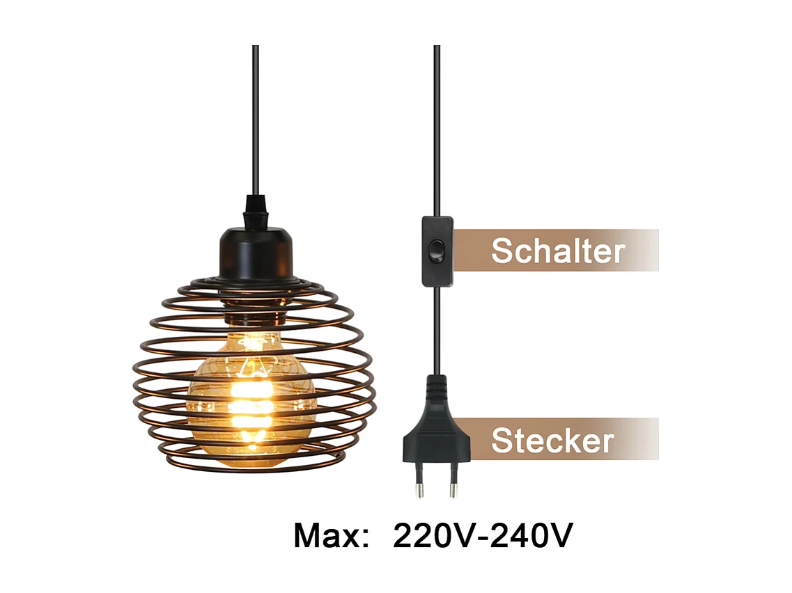 Suspension Nettlife Vintage 1 Ampoule : Suspension Industrielle Noire avec Câble de 4,5 m avec Prise et Interrupteur, Douille E27