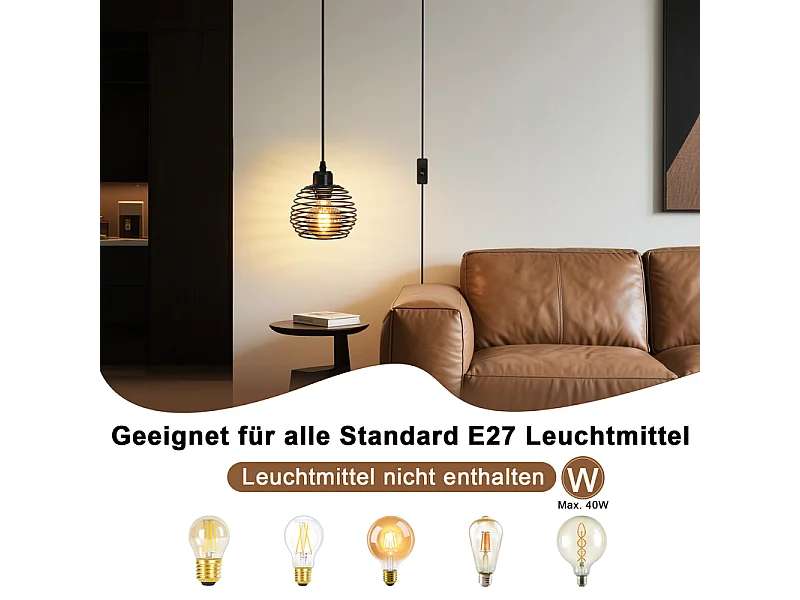 Suspension Nettlife Vintage 1 Ampoule : Suspension Industrielle Noire avec Câble de 4,5 m avec Prise et Interrupteur, Douille E27