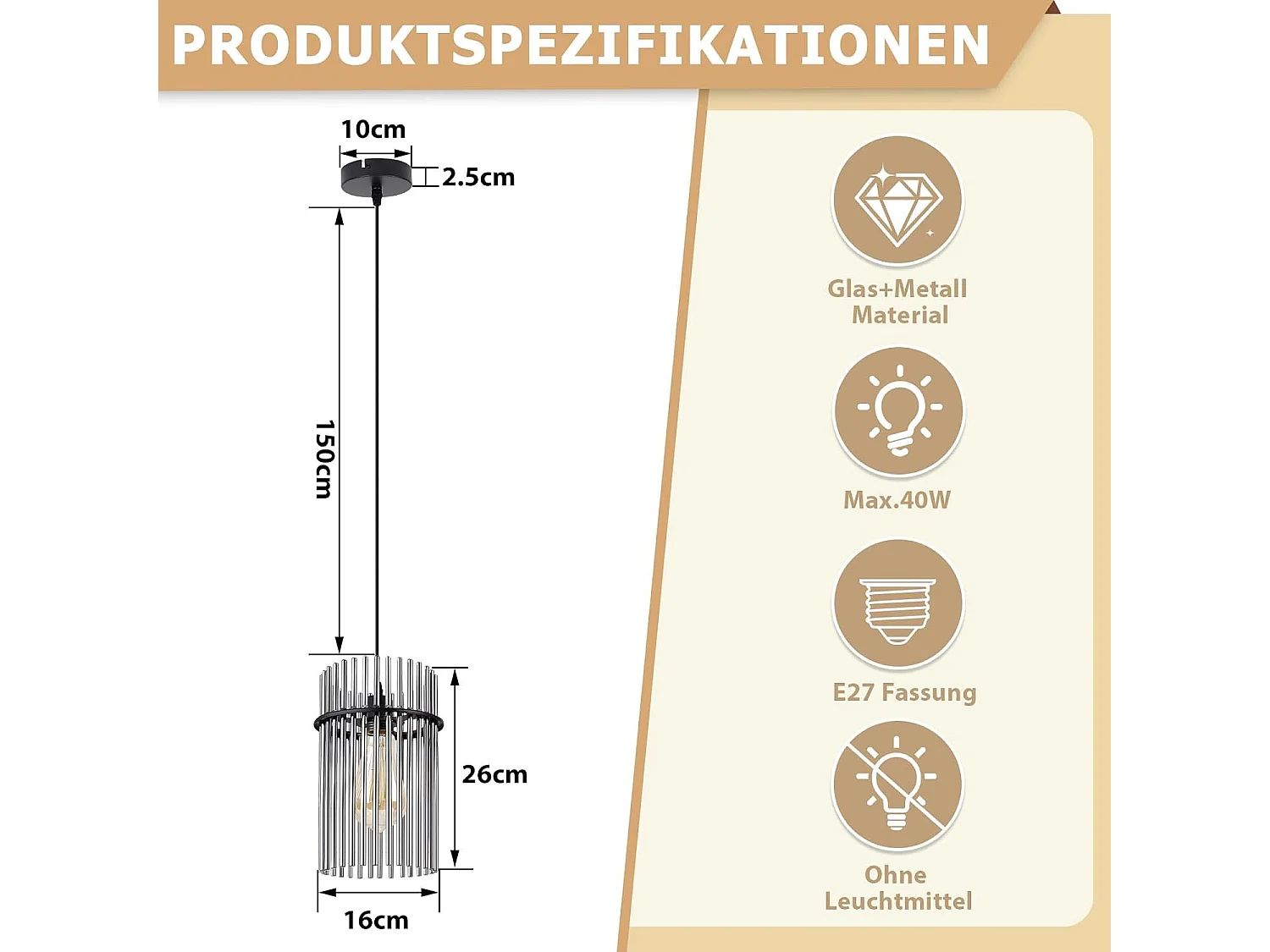 Nettlife Suspension Luminaire Noire, Lampe Pendante en Verre avec Douille E27, 1-flamme, Ø 16 cm, pour Table à Manger, Cuisine (sans ampoule).