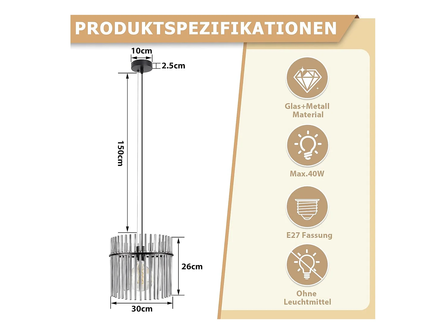 Nettlife Suspension Luminaire Noire Rétro, Lampe Pendante en Verre avec Douille E27, 1-flamme, Ø 30 cm, pour Table à Manger, Cuisine (sans ampoule).