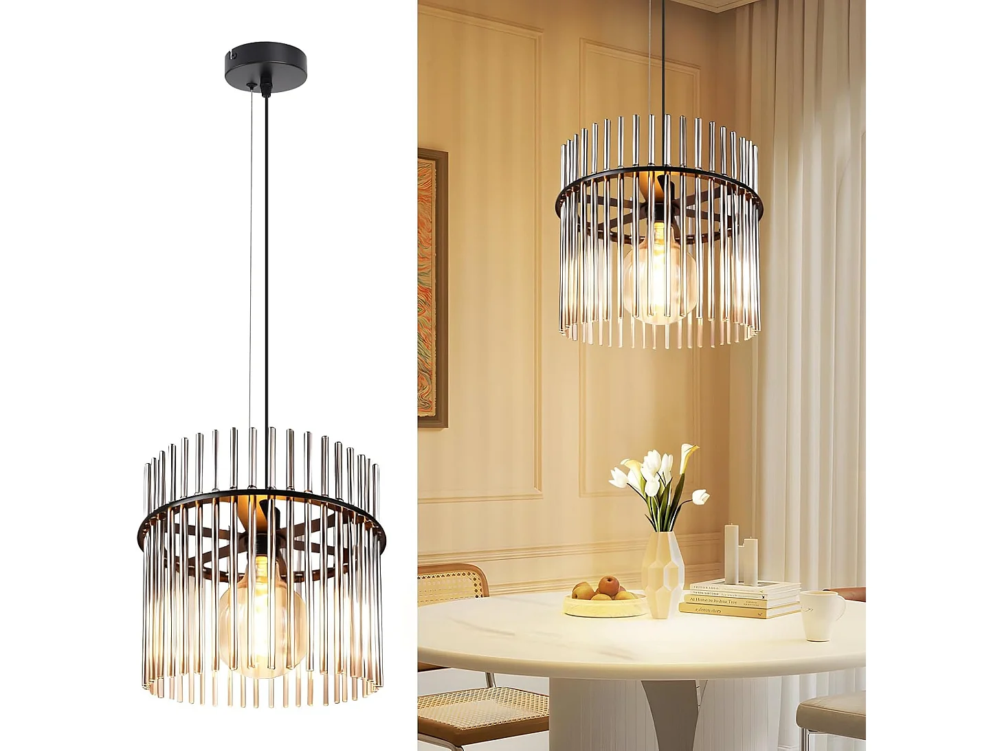 Nettlife Suspension Luminaire Noire Rétro, Lampe Pendante en Verre avec Douille E27, 1-flamme, Ø 30 cm, pour Table à Manger, Cuisine (sans ampoule).