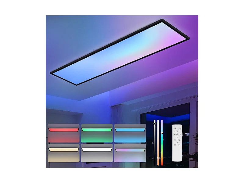 Plafonnier LED NETTLIFE 100x25 - panneau de plafond dimmable RGB changement de couleur longue lampe de plafond plate avec télécommande noire 24W