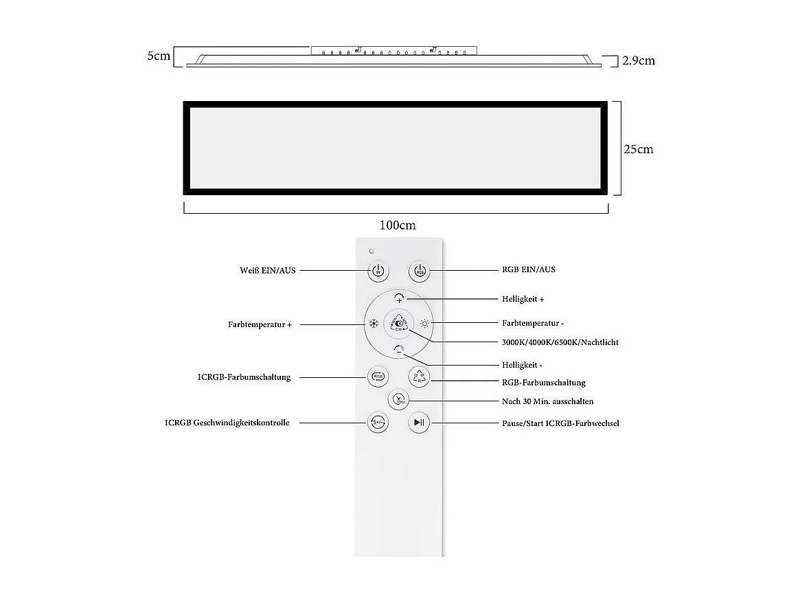 Plafonnier LED NETTLIFE 100x25 - panneau de plafond dimmable RGB changement de couleur longue lampe de plafond plate avec télécommande noire 24W