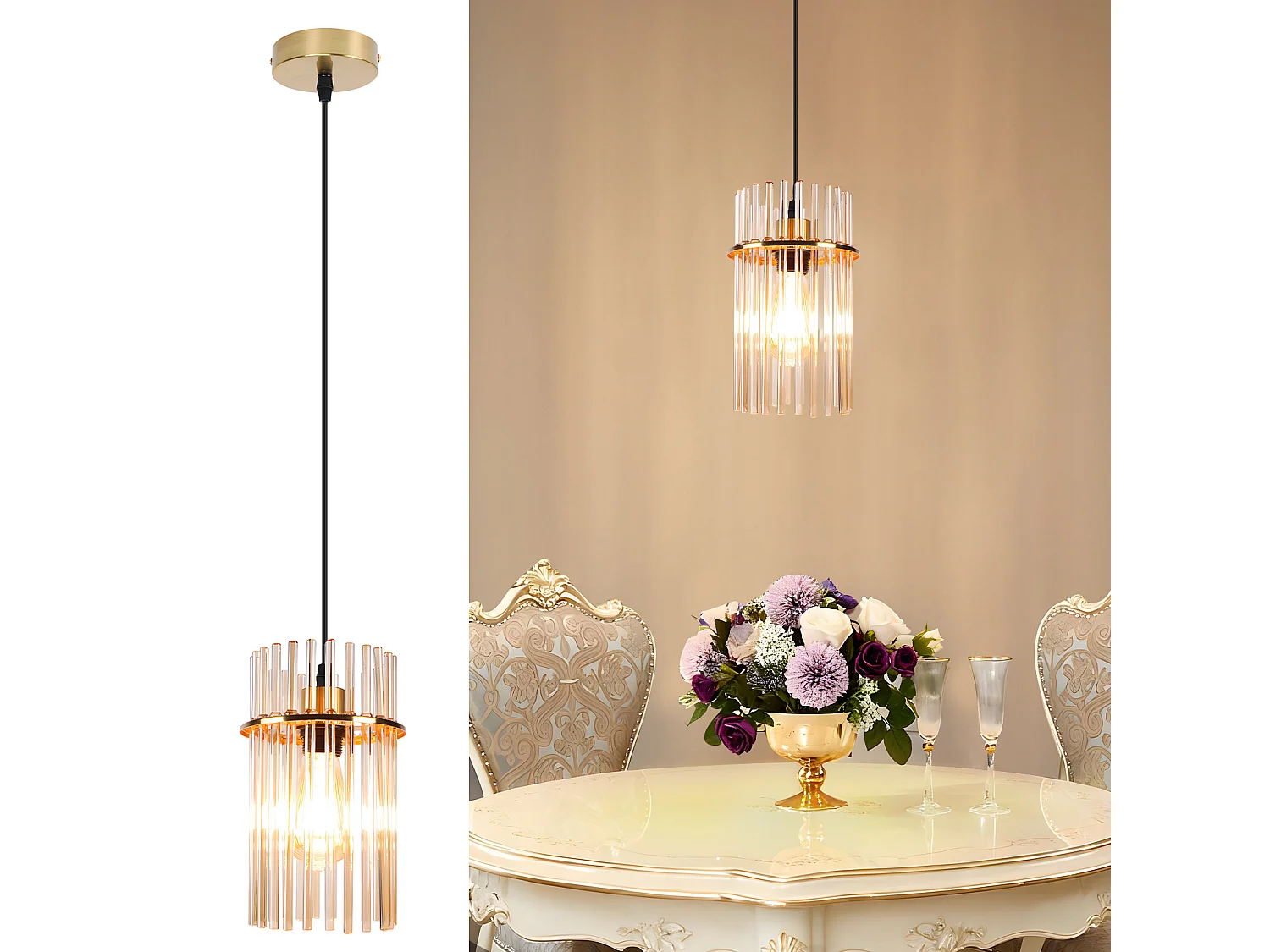 Nettlife Retro Gold Hanglamp, Glazen Hanglamp met E27 Fitting, 1-vlammig, Ø 30 cm, voor Eettafel, Keuken (zonder lamp)