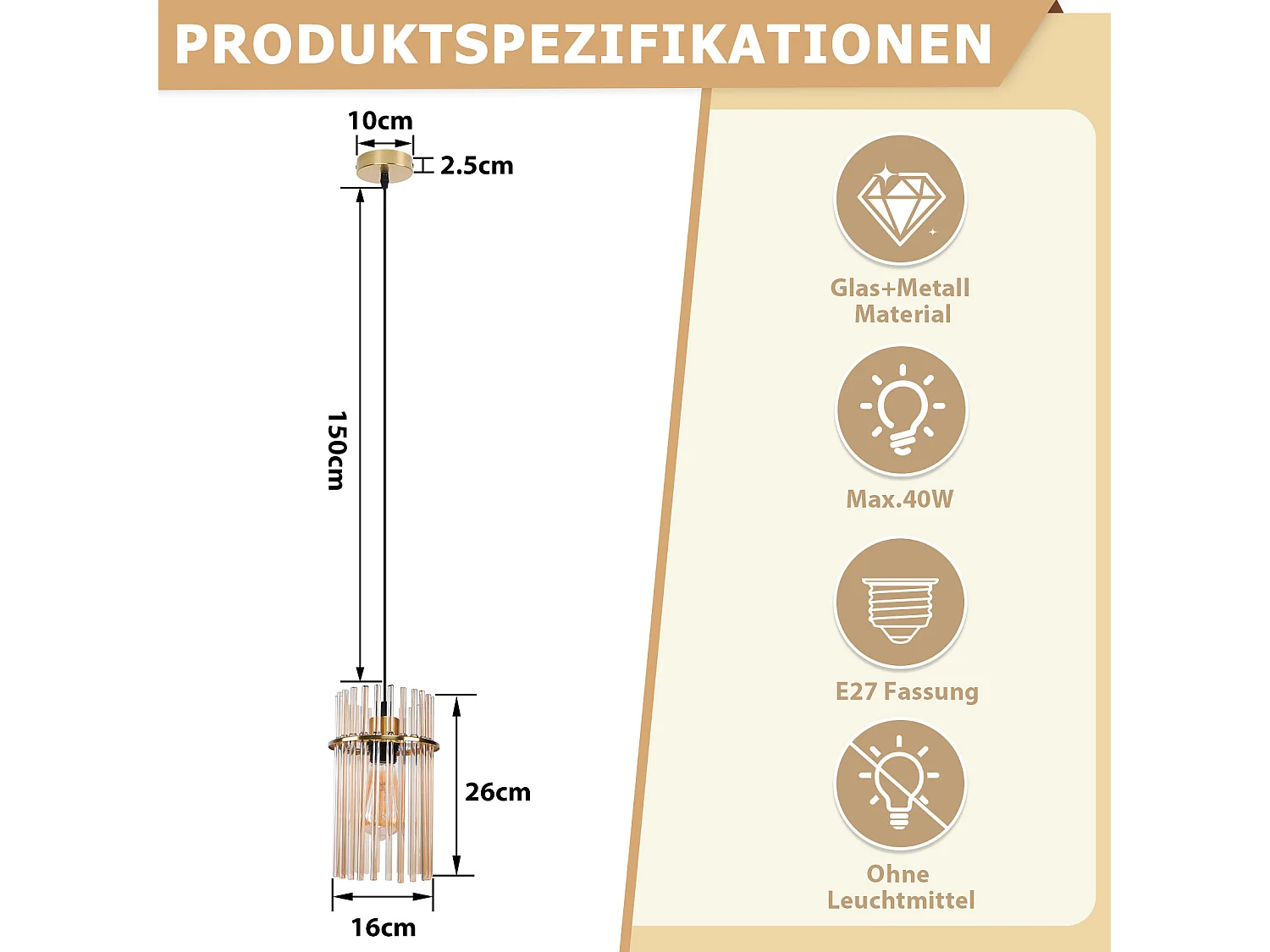 Nettlife Retro Gold Hanglamp, Glazen Hanglamp met E27 Fitting, 1-vlammig, Ø 30 cm, voor Eettafel, Keuken (zonder lamp)