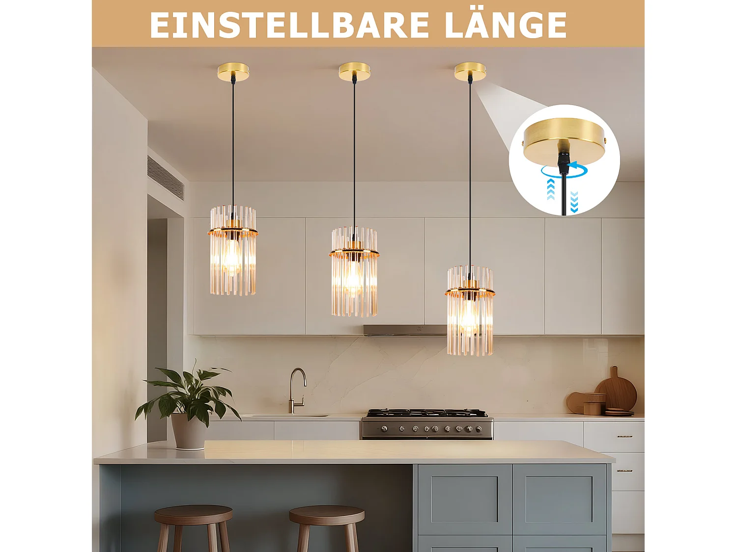 Nettlife Retro Gold Hanglamp, Glazen Hanglamp met E27 Fitting, 1-vlammig, Ø 30 cm, voor Eettafel, Keuken (zonder lamp)