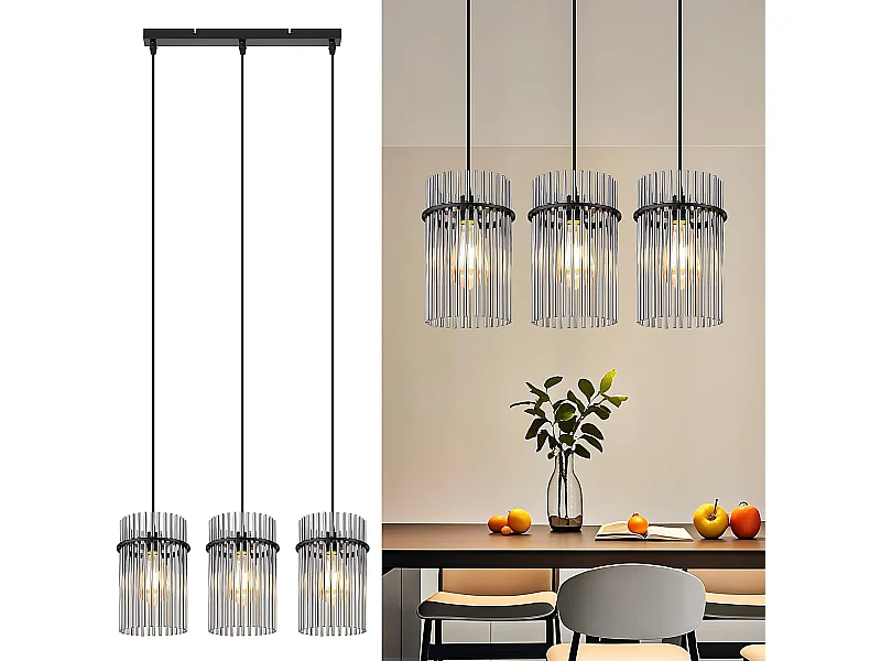 Nettlife Suspension Noire Vintage, Lampe à 3 Lumières en Verre, Douille E27, Ø 16 cm, pour Table à Manger, Salon (sans ampoules).