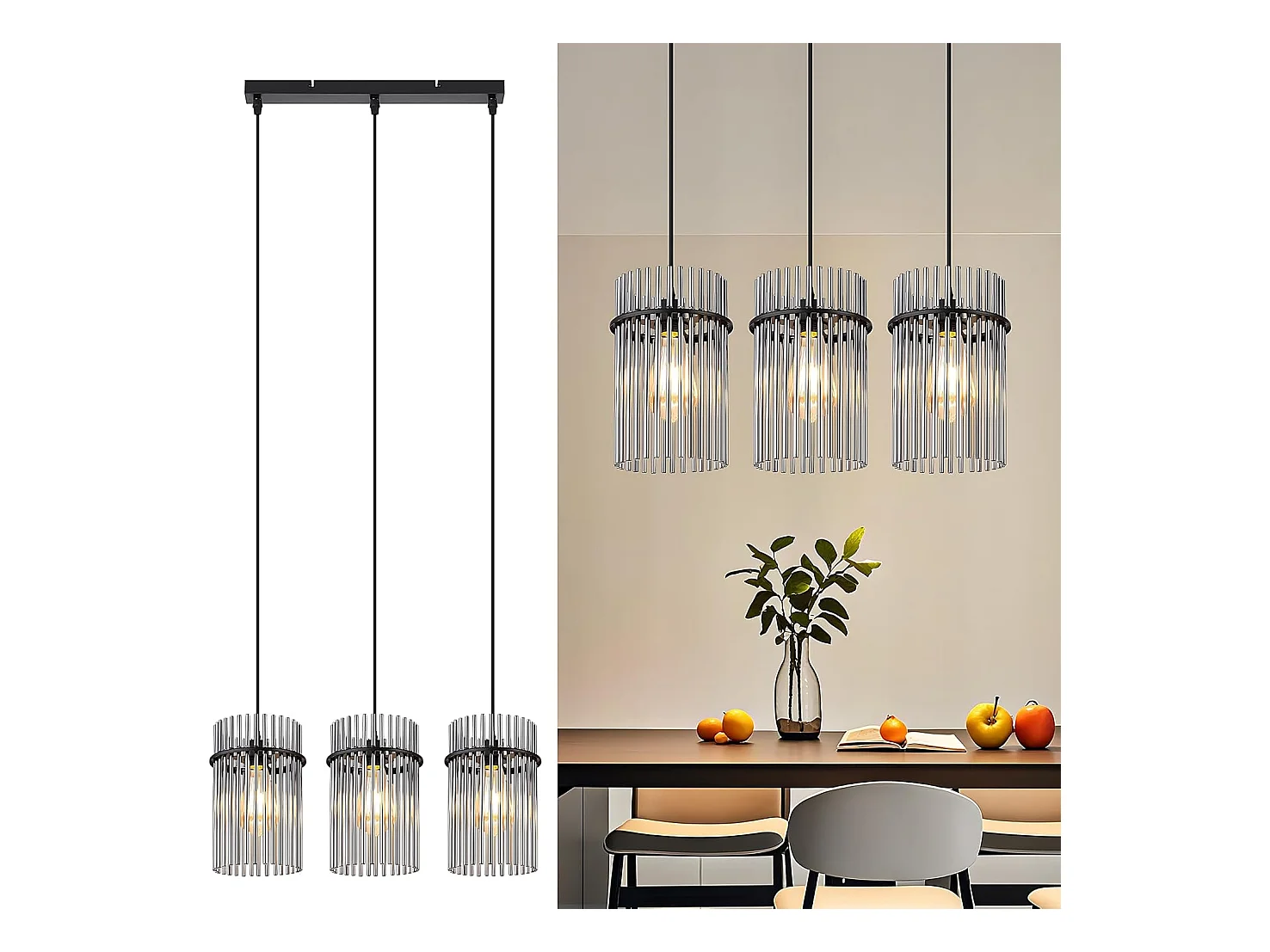 Nettlife Suspension Noire Vintage, Lampe à 3 Lumières en Verre, Douille E27, Ø 16 cm, pour Table à Manger, Salon (sans ampoules).