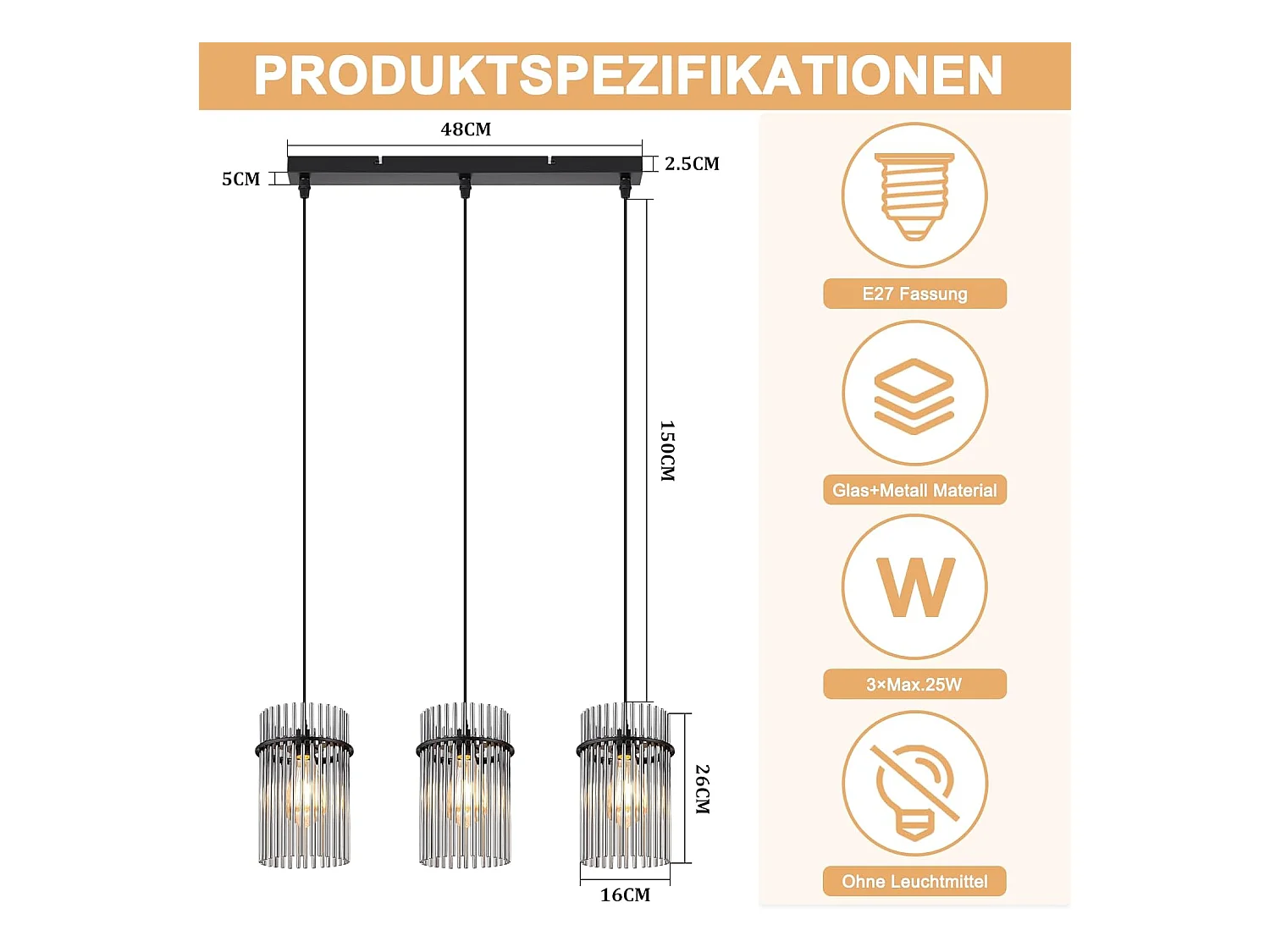 Nettlife Suspension Noire Vintage, Lampe à 3 Lumières en Verre, Douille E27, Ø 16 cm, pour Table à Manger, Salon (sans ampoules).