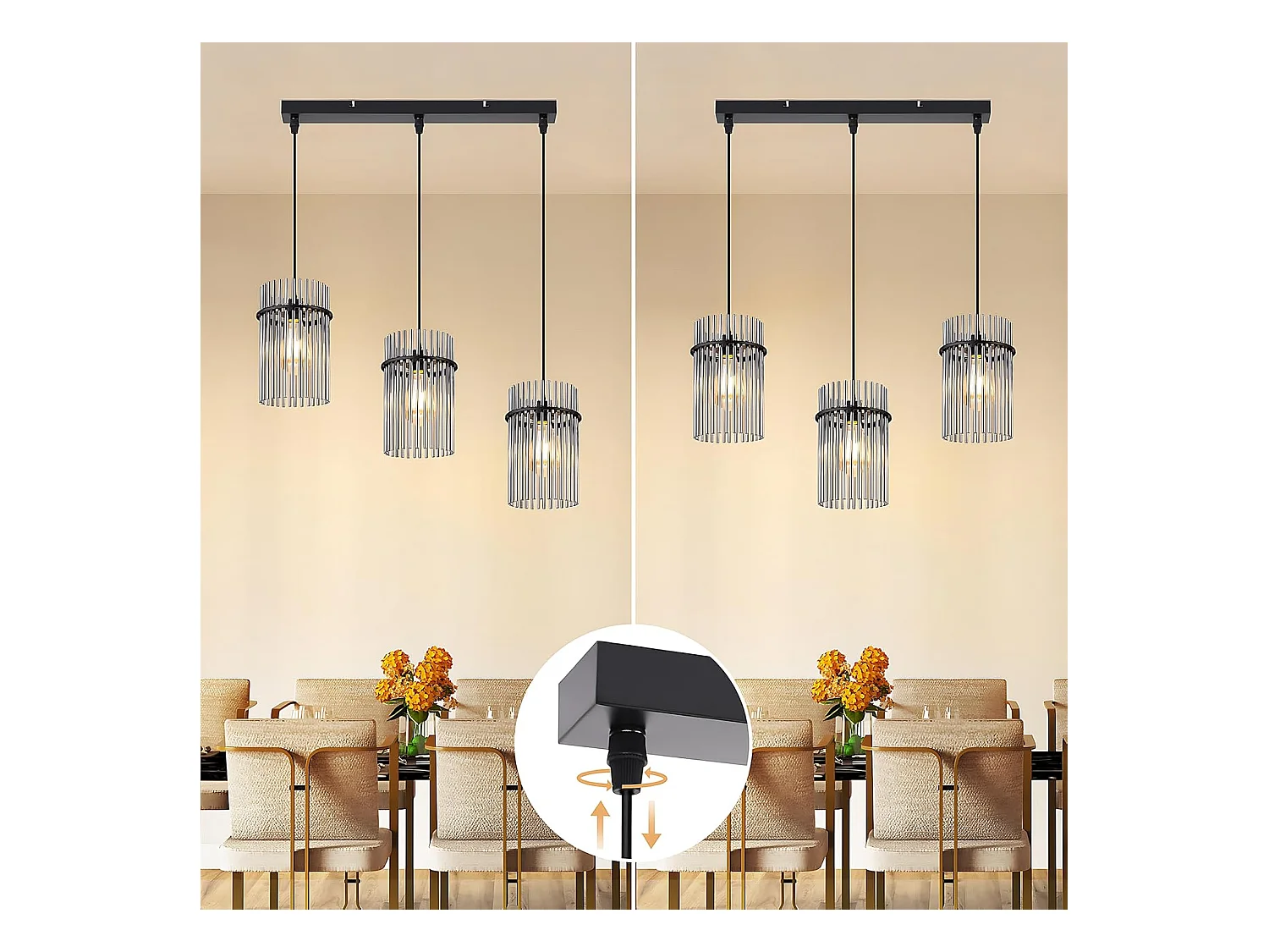 Nettlife Suspension Noire Vintage, Lampe à 3 Lumières en Verre, Douille E27, Ø 16 cm, pour Table à Manger, Salon (sans ampoules).