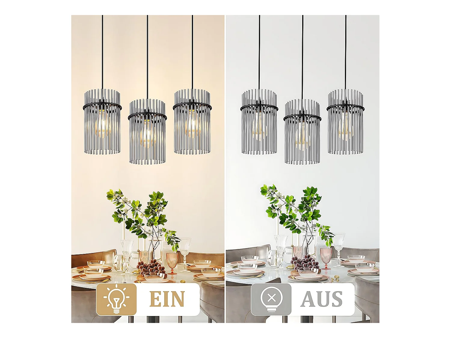 Nettlife Suspension Noire Vintage, Lampe à 3 Lumières en Verre, Douille E27, Ø 16 cm, pour Table à Manger, Salon (sans ampoules).