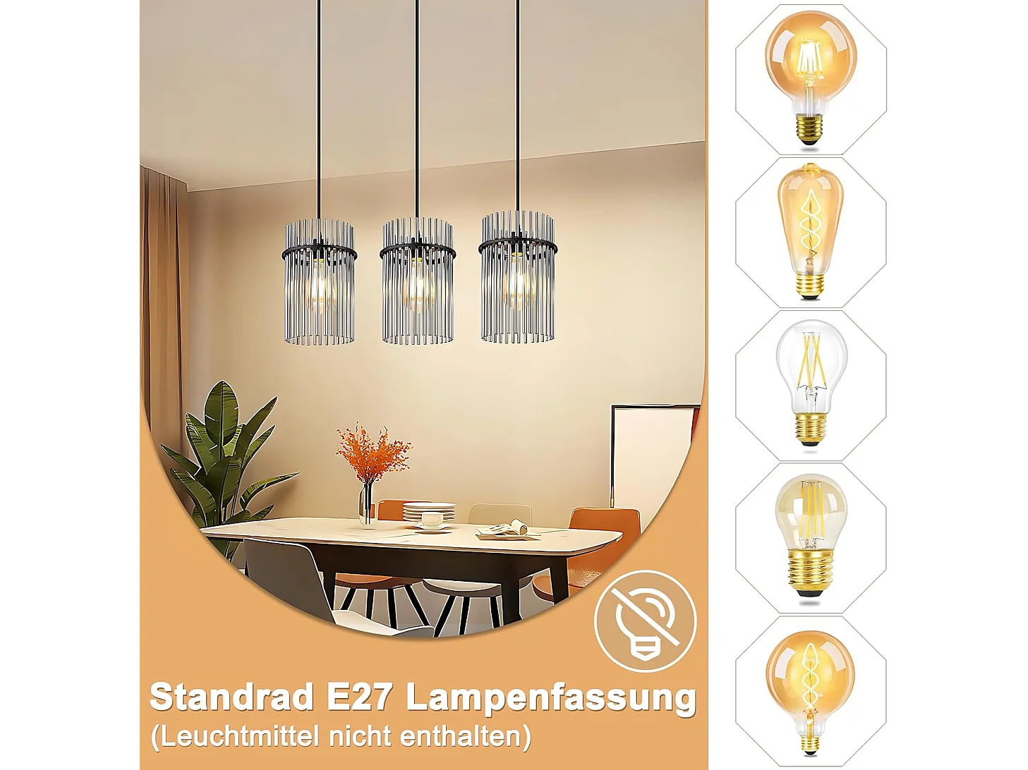 Nettlife Suspension Noire Vintage, Lampe à 3 Lumières en Verre, Douille E27, Ø 16 cm, pour Table à Manger, Salon (sans ampoules).