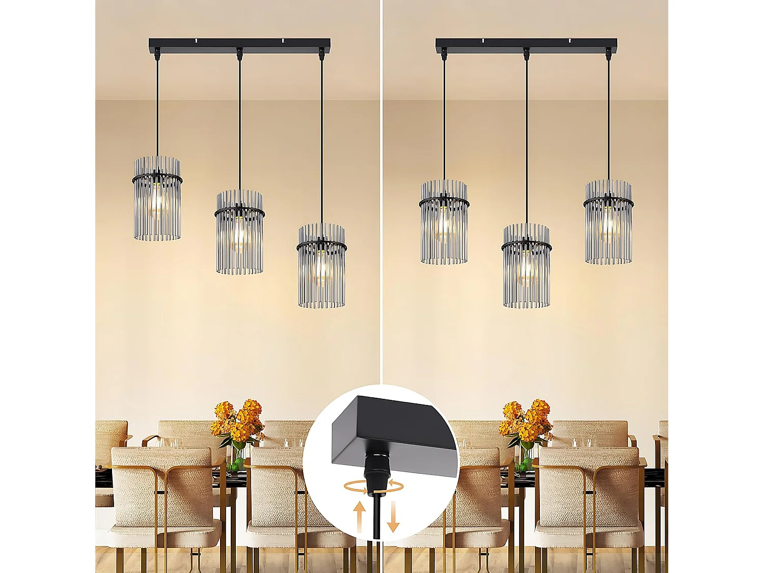 Nettlife Suspension Noire Vintage, Lampe à 3 Lumières en Verre, Douille E27, Ø 16 cm, pour Table à Manger, Salon (sans ampoules).